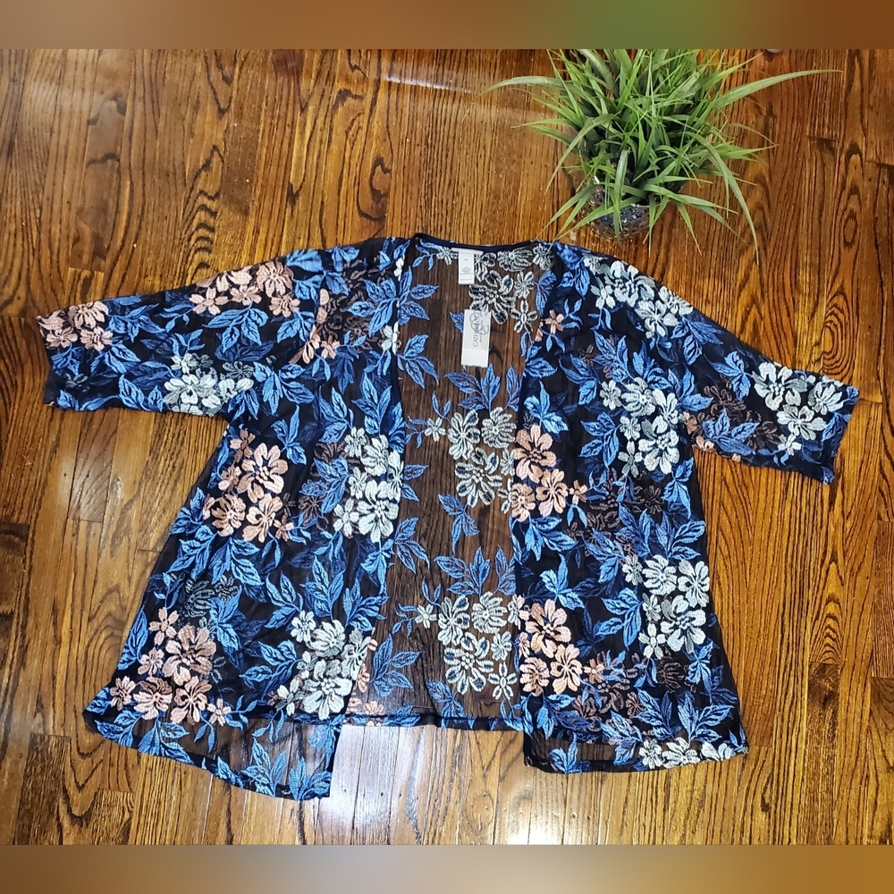 Katherines NWT Women's Floral Embroidered Open Sheer Kimono Cardigan Plus Siz 2X